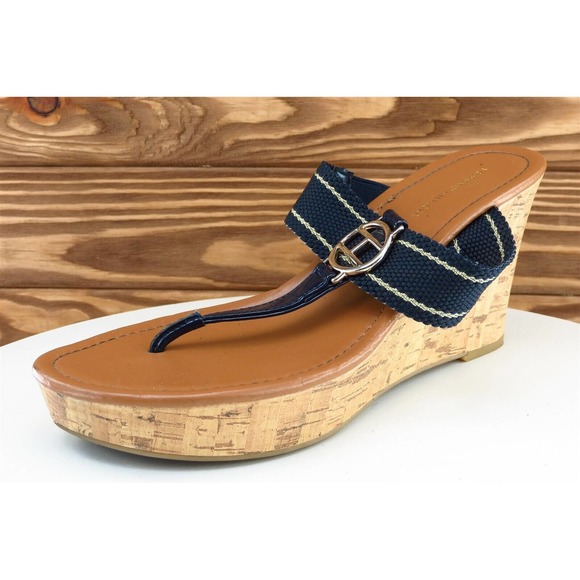Tommy Hilfiger Sz 8.5‎ M Dark Blue Flip Flop Fabric Women Sandals Magic - Picture 1 of 7